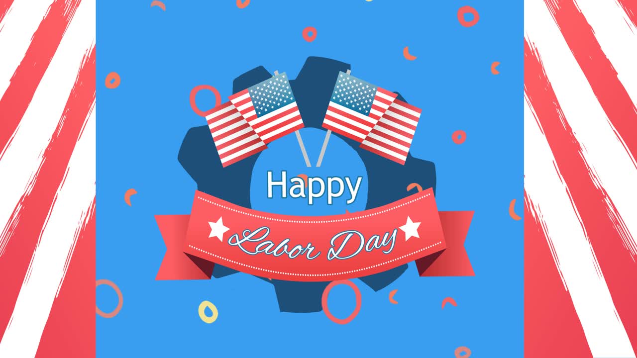 Animation of happy labor day celebration text over cog, star and american flags