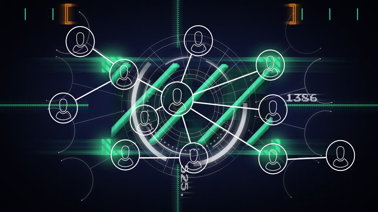Digital data and green lines overlay connecting user icons in animation network