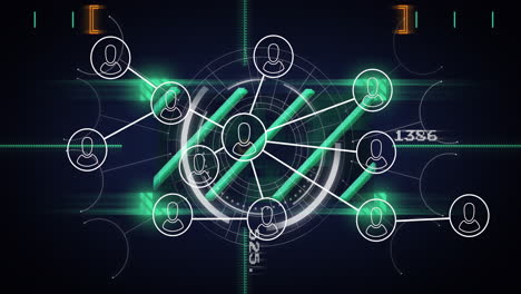 digital data and green lines overlay connecting user icons in animation network