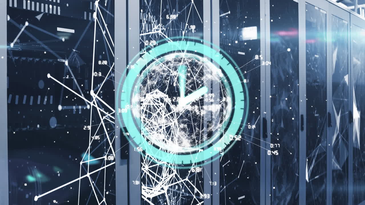 연결 네트워크의 애니메이션, 빠른 시계 이동 및 컴퓨터 서버를 통한 데이터 처리