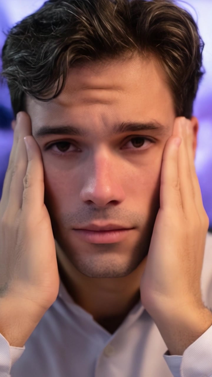 Disagio emotivo: un primo piano di un giovane uomo che mostra sentimenti di confusione e preoccupazione con le mani sul viso in un momento introspettivo.