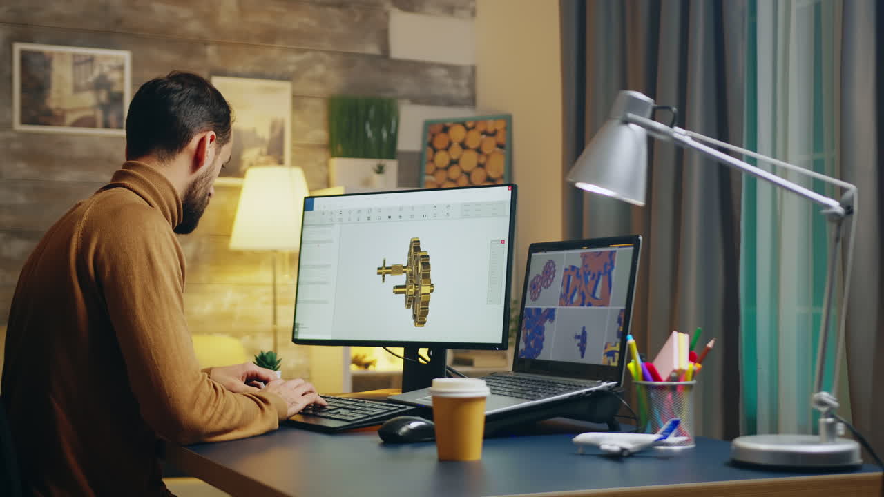 Bearded engineer in his home office at night