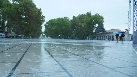 rainy day on pavement montpellier place de la comedie trees in background france