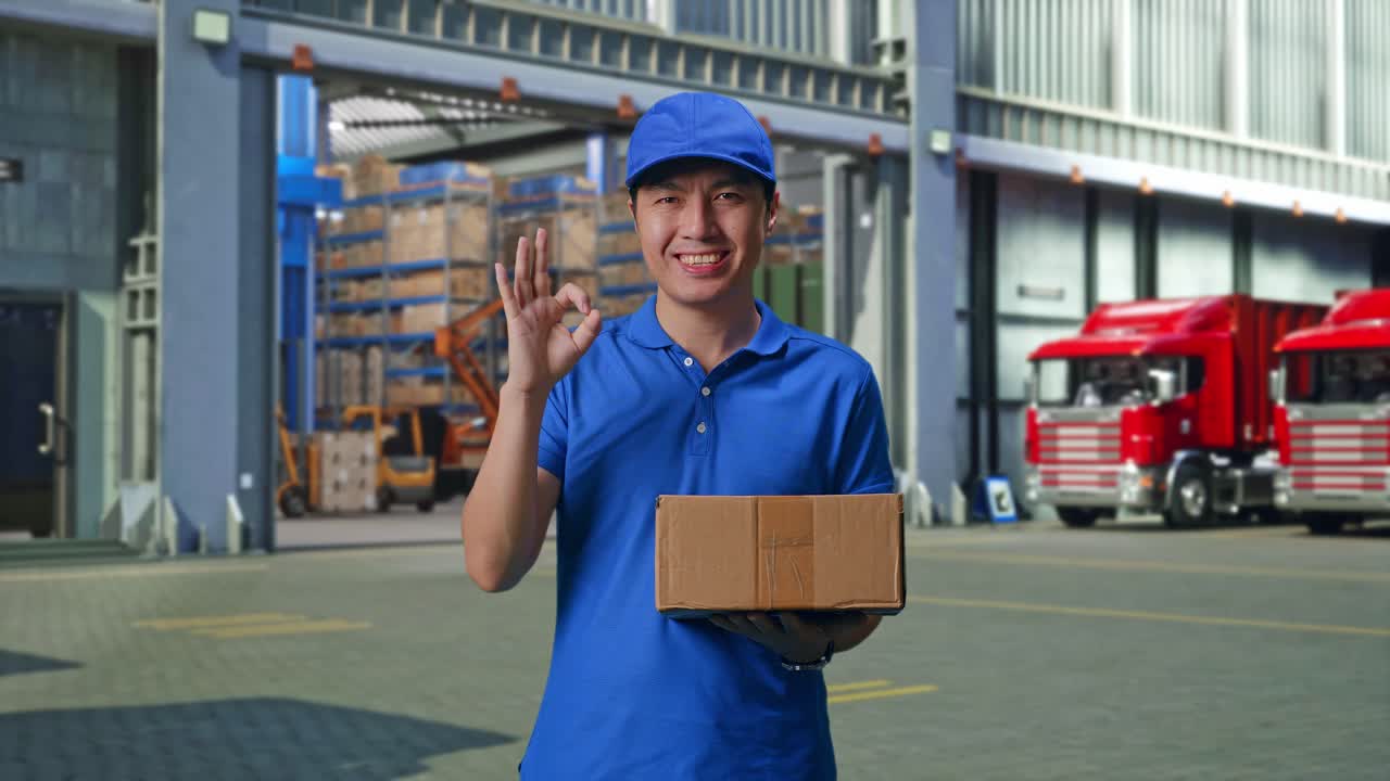 Asian male Courier In Blue Uniform Showing Okay Gesture And Smiling While Delivering A Carton, Outside of Logistics Distributions Warehouse