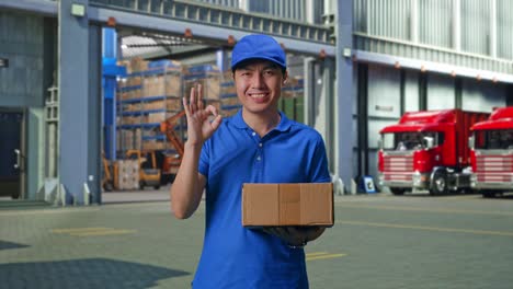 asian male courier in blue uniform showing okay gesture and smiling while delivering a carton, outside of logistics distributions warehouse