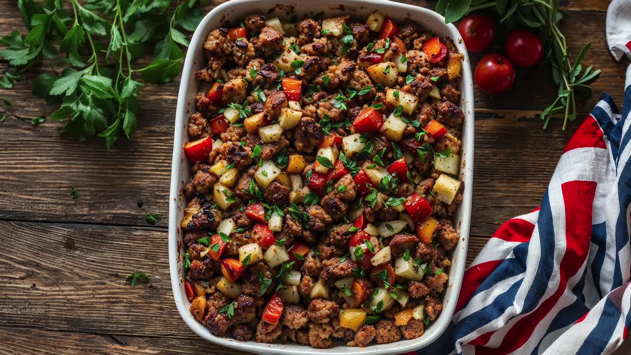 사과와 소시지로 가득 찬 어리