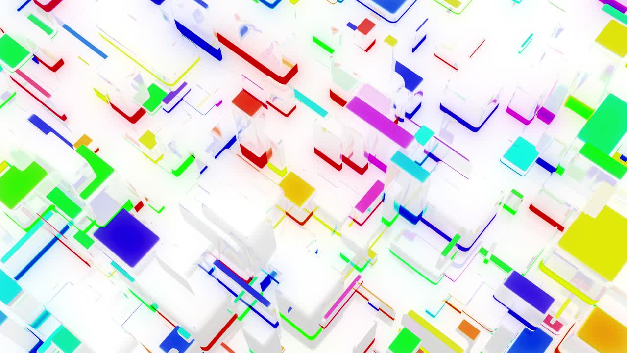 fondo de luz 4k en bucle abstracto con red de bloques blancos de diferentes tamaños, algunos con brillo multicolor. visualización de trabajar con big data o tecnología blockchain. vidrio mate blanco