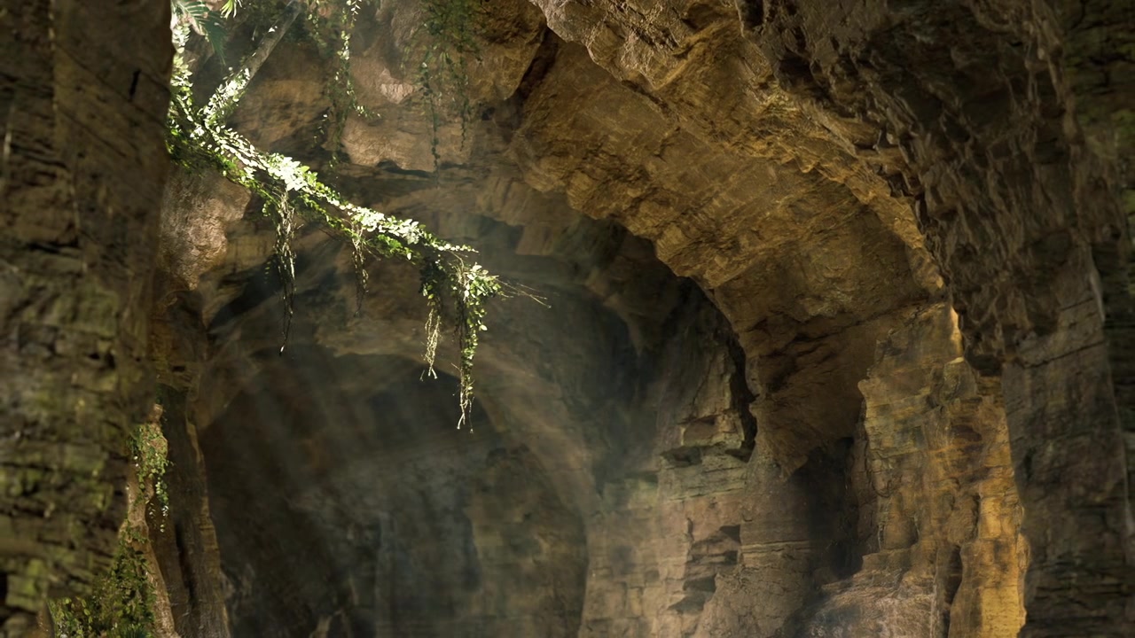 Radiant underground chamber featuring towering arches and abundant foliage