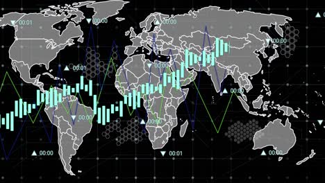 Animation-of-data-processing-and-world-map-against-black-background