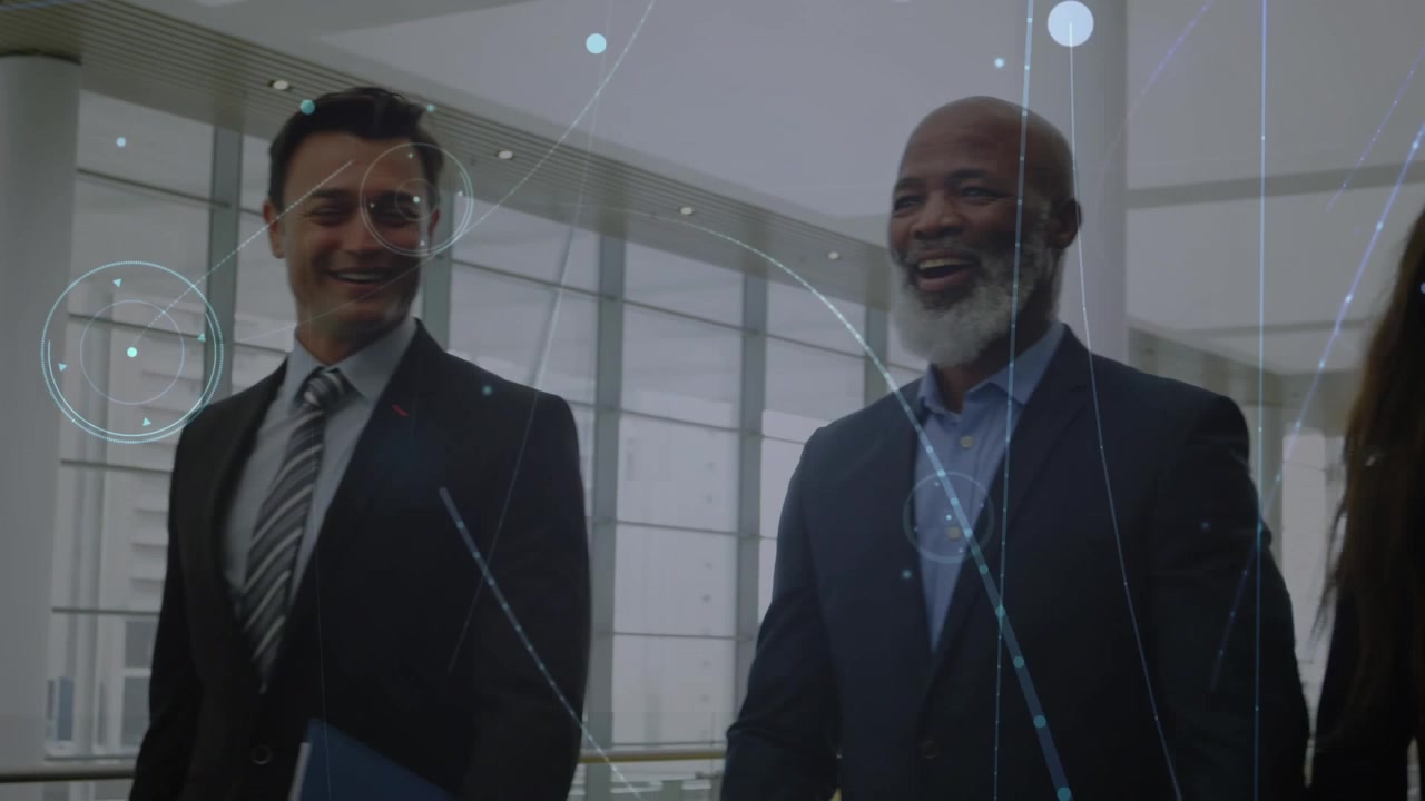 Animation of network of connection over businesswoman in the office