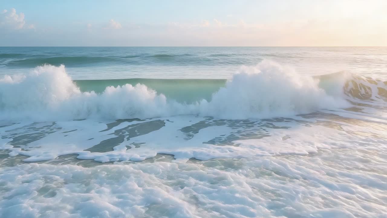 Steepening swell nearing shore, breaking and surging toward camera, leaving white foam and sunlight