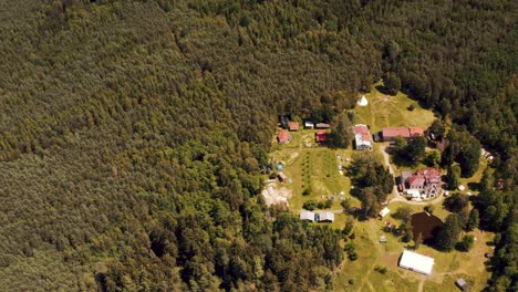 huge epic luxury mansion situated in the middle of a dense green rural forest during a beautiful day, drone aerial of villa