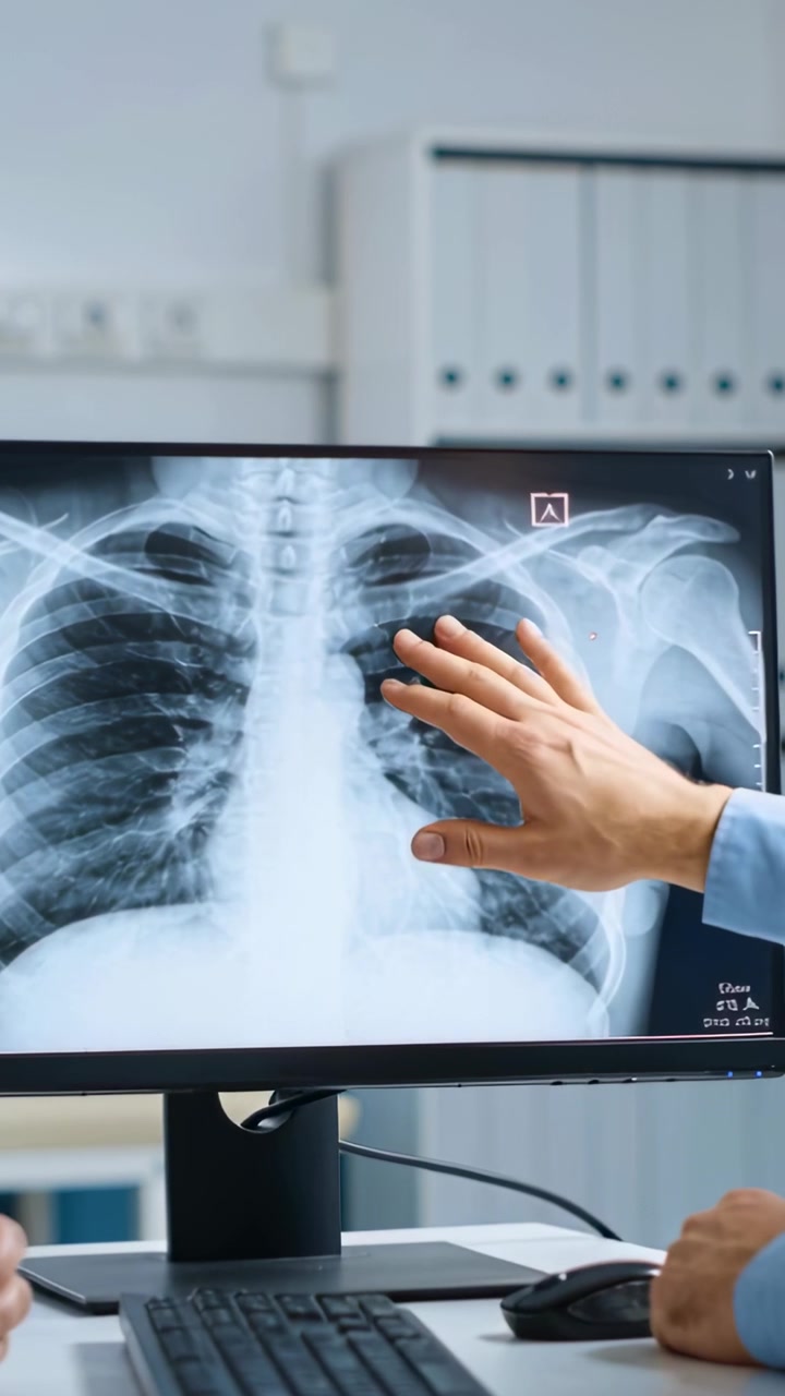 Vertical video: Pointing doctor in blue shirt explaining chest X-ray as screen filling, keyboard