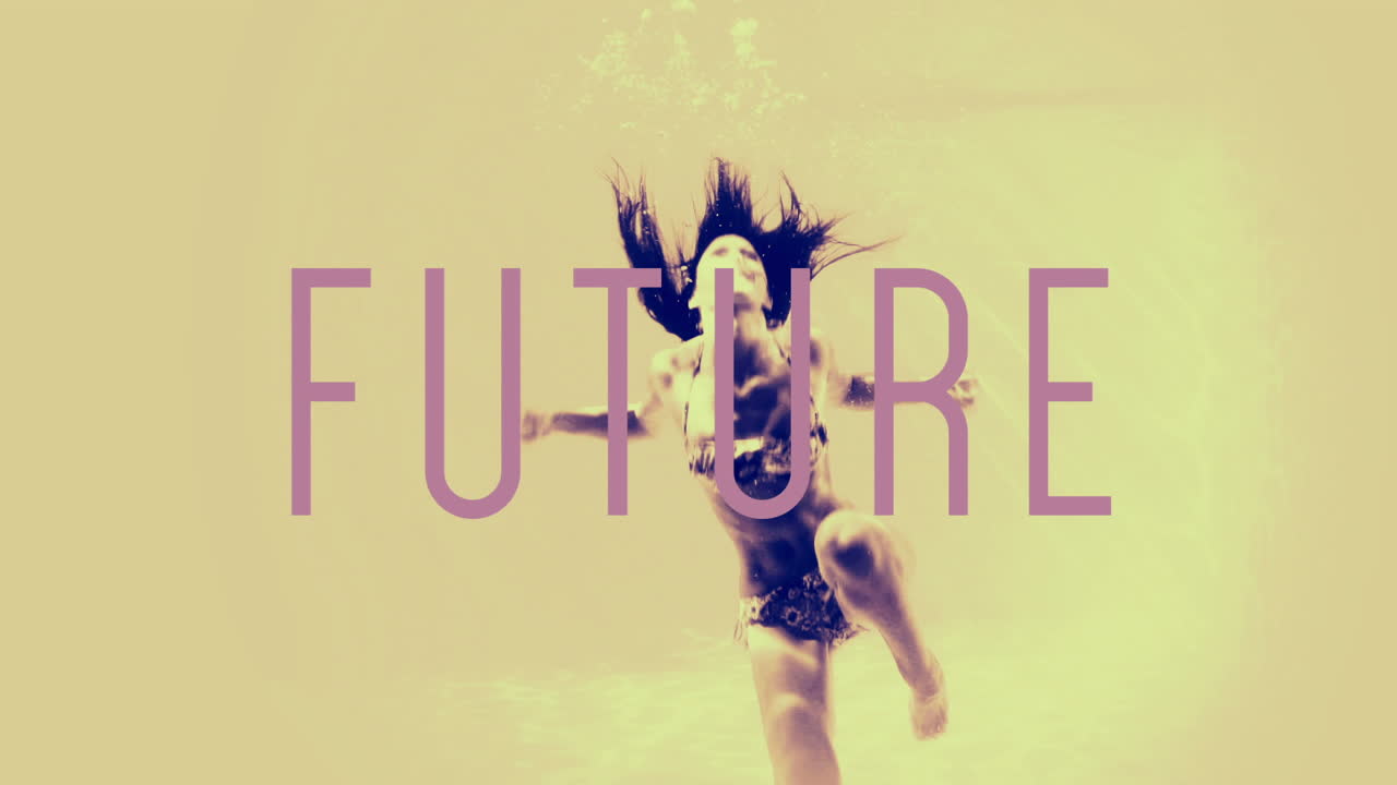 Woman in bikini diving into pool with future text