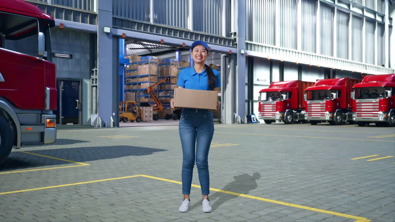 Corriere asiatico in uniforme blu a figura intera sorridente mentre consegna un cartone fuori dal magazzino