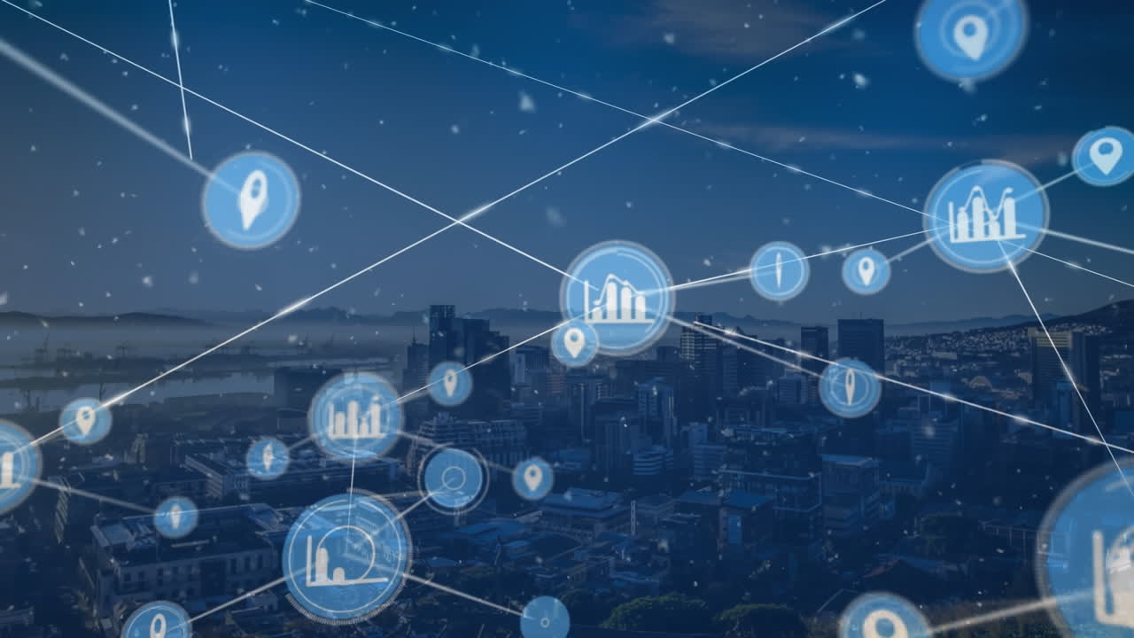 도시 풍경 위의 아이콘으로 연결된 네트워크의 애니메이션
