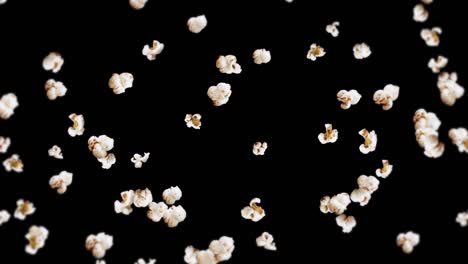 flying many popcorns on black background. white salty popcorn. healthy food. corn seed. 3d loop animation of popcorn rotating.