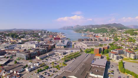 Panorámica-De-Imágenes-De-Drones-De-Una-Ciudad-Al-Final-De-Un-Fiordo-Lleno-De-Agua-Azul,-Montañas-Y-Bonitos-Edificios