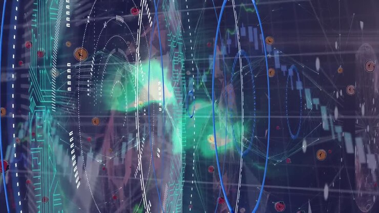 Animation of globe, falling icons, data, graphs and network of connections