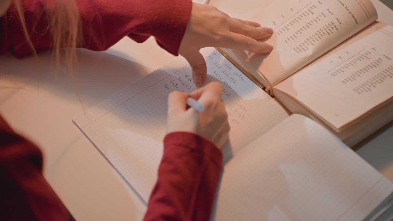 Young woman in red top writes with blue pen on graph paper referencing. Her hands and notebook are captured closely. Scene is set at desk under warm indoor lighting focusing solely