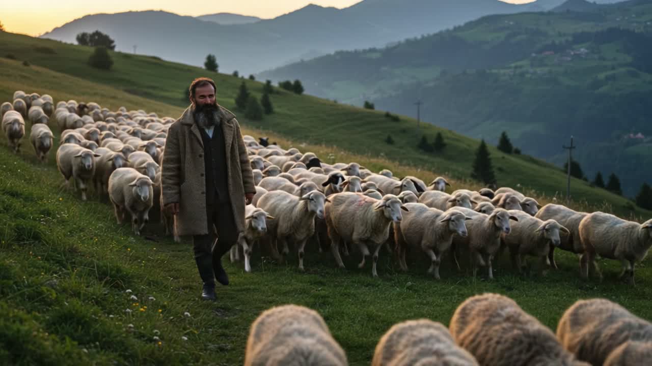 A shepherd guides his flock of sheep through a picturesque landscape at sunset, showcasing the harmony between nature and pastoral life amidst serene mountains
