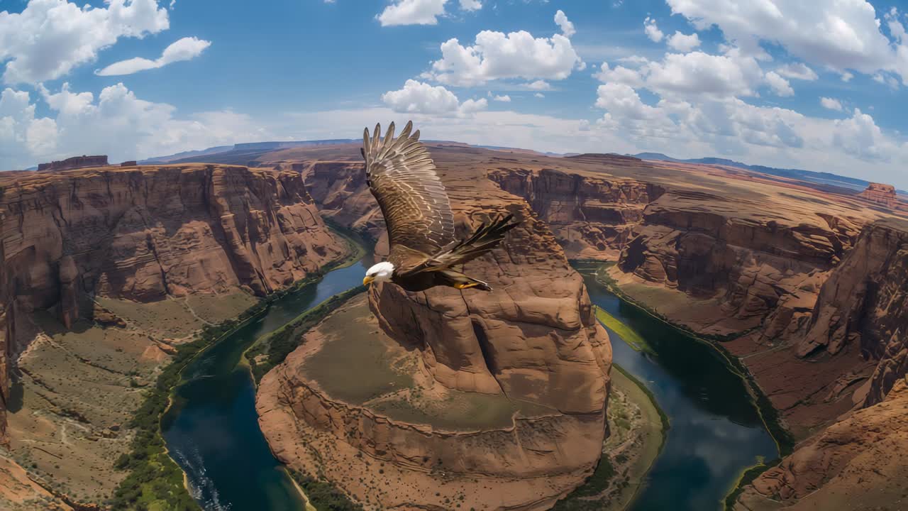 Tracking raptor with drone banking and flapping wings over horseshoe bend scanning river for prey