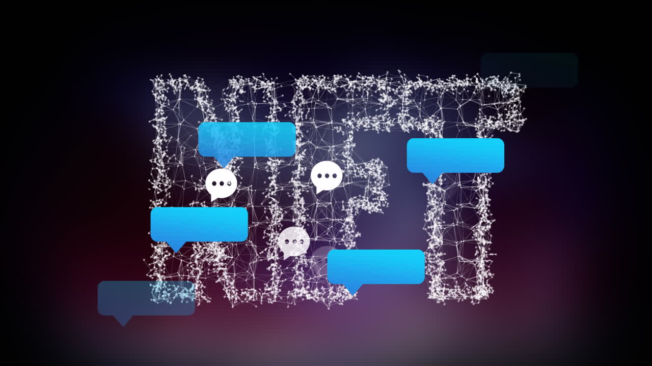 추상적인 배경에 nft 텍스트를 형성하는 점 위에 메시지 상자 및 알림 상자의 애니메이션