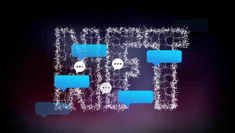 Animation of message boxes and notification boxes over dots forming nft text on abstract background