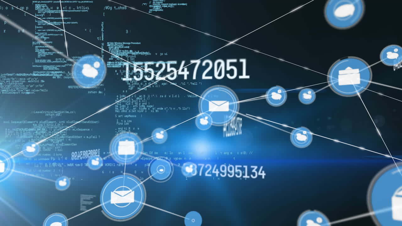 animación de números cambiantes, red de iconos digitales y procesamiento de datos contra el punto de luz azul.