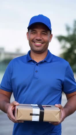 smiling delivery man holding package in city
