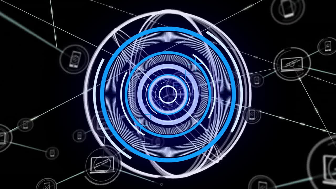 Animation of circular scanner processing data over media network on black background