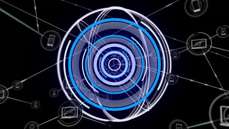 animación de un escáner circular que procesa datos a través de una red de medios sobre un fondo negro