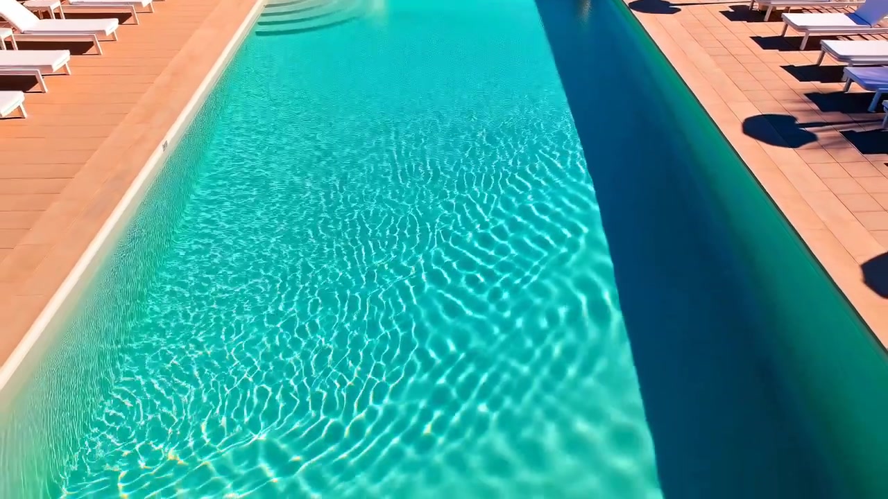 Erhöhte Schrägansicht eines rechteckigen Außenpools mit türkisfarbenem, sich kräuselndem Wasser und flachen Stufen ganz links. Eine Terrassenfläche aus Terrakottafliesen umgibt ihn.