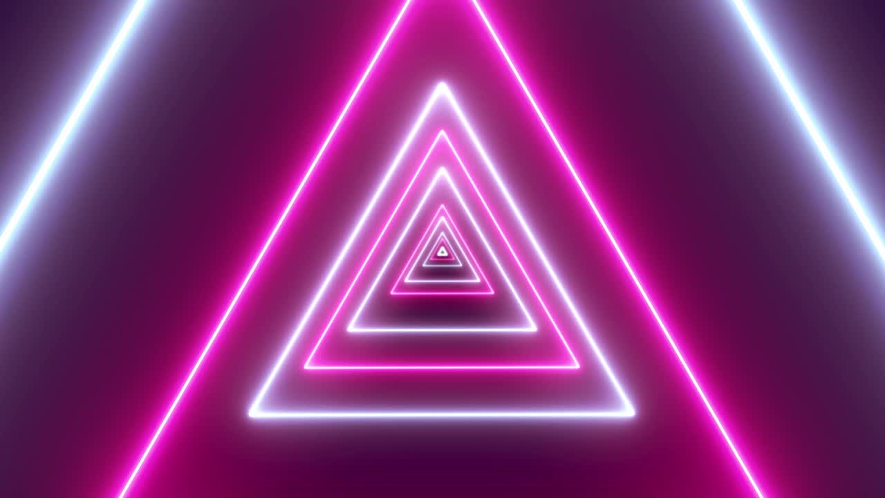 Seamless flight through an endless tunnel of alternating pink and white glowing neon triangles on a dark purple background. For VJ or retro use