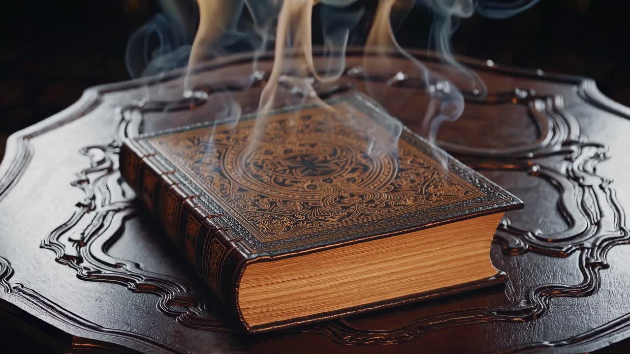 Un libro vintage su un tavolo decorato, fotografato da un angolo basso. La scarsa illuminazione aggiunge un tocco di mistero