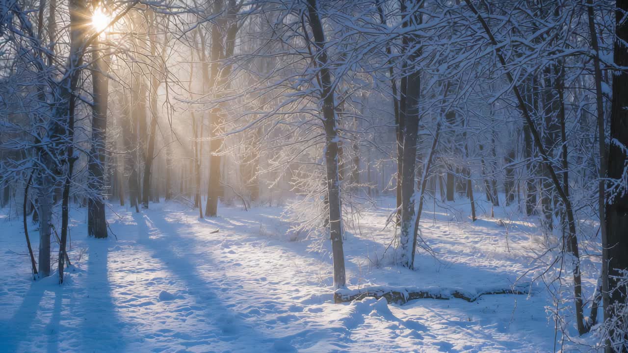 Rayons de soleil bas, soleil bas se déplaçant et balayant les arbres à feuilles caduques, révélant la neige