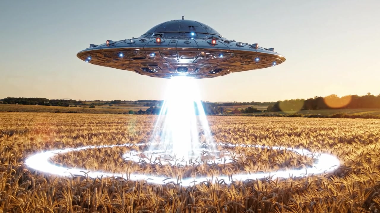 An Alien Spaceship Descends Over a Golden Wheat Field, Emitting a Beam of Light as It Prepares for an Extraterrestrial Encounter in a Serene Landscape