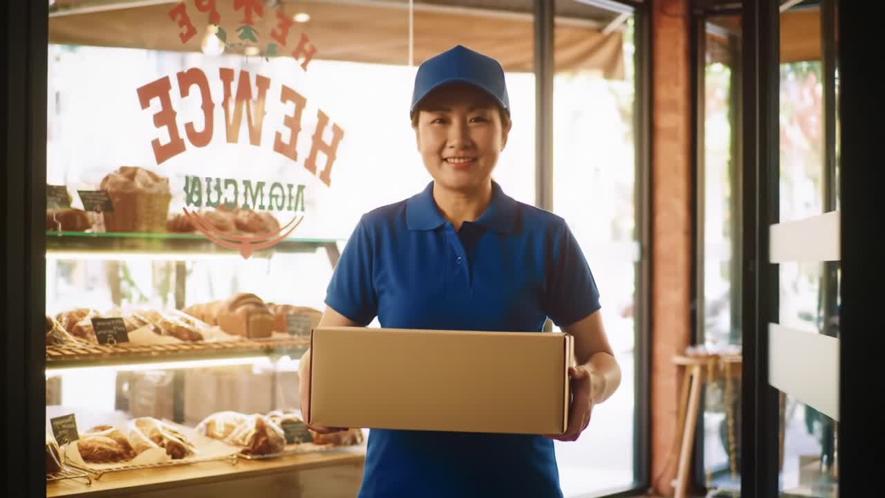 A cheerful employee in a blue uniform carrying a box out of a bakery, showcasing a welcoming atmosphere filled with delicious pastries and the aroma of fresh baked goods