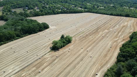 wide angle top down aerial view hay bales on farmers field in slovakia