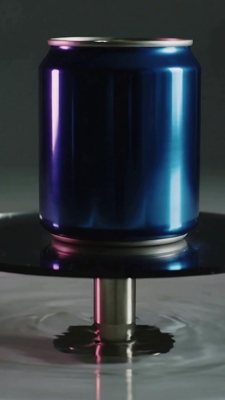 Video verticale: Asta che tocca un liquido creando increspature sotto una lattina blu su un vassoio.
