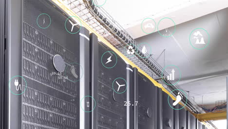 animation of ecology icons and data processing over server room