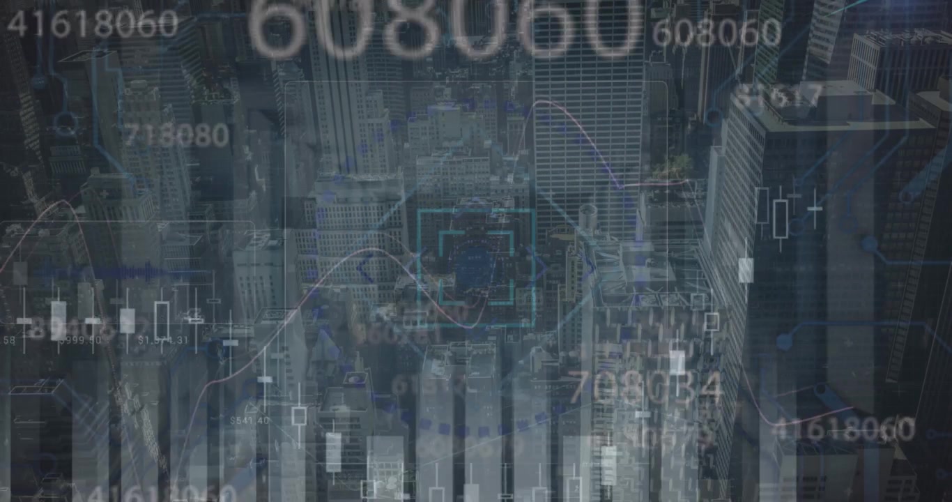 Animation of financial data processing and scope scanning over cityscape