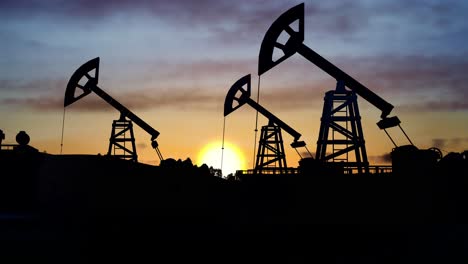 oil pump, oil industry equipment, drilling derricks silhouette from oil field at sunset with dramatic sky