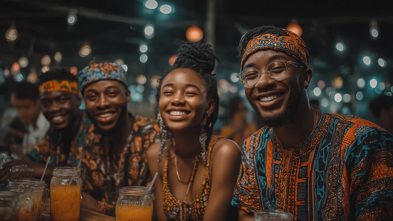 A Joyful Gathering of Friends in Colorful Traditional Attire, Sharing Smiles and Refreshing Beverages Under Twinkling Lights in an Evening Setting