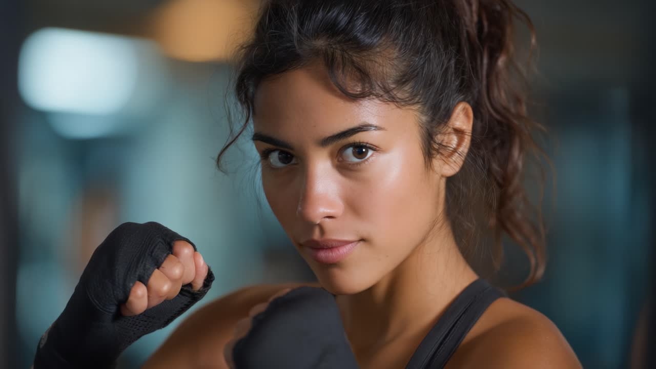Determination and Strength: A Focused Female Fighter Prepares for Action with Confidence and Intensity in the Arena of Combat Sports Training