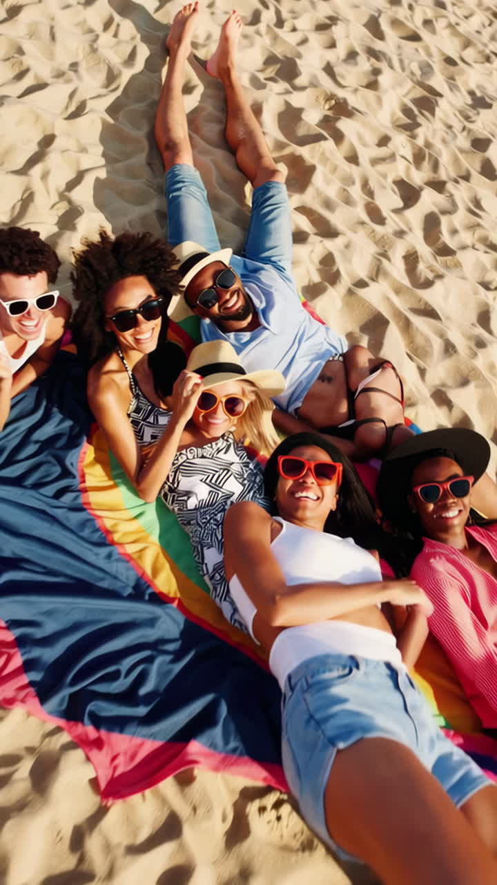 Two happy people laughing and relaxing on a beach towel