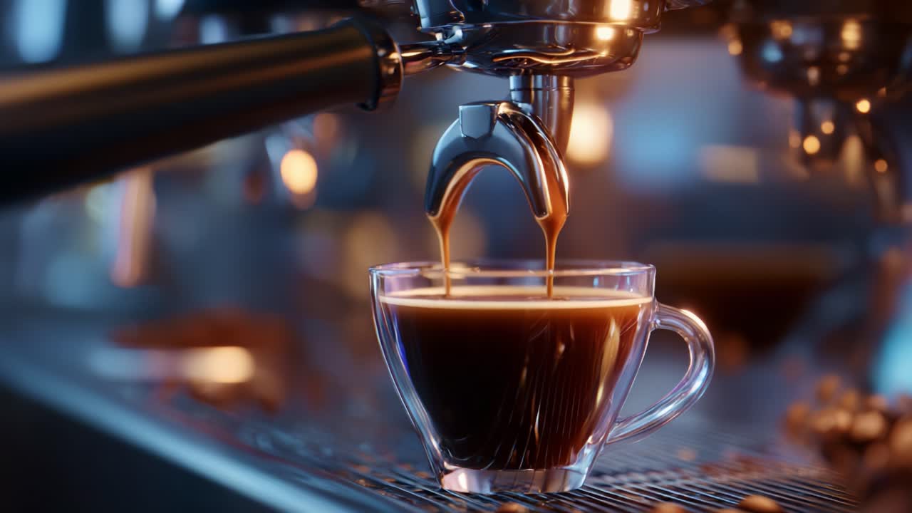 Perfeição na extração: close-up da extração de café espresso, mostrando o rico líquido escuro fluindo para uma xícara transparente de uma máquina de café sofisticada