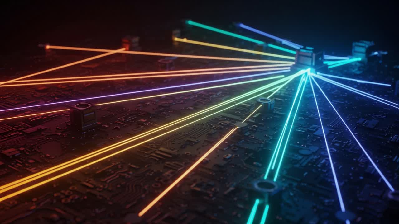 Brightly Colored Light Connections on a Circuit Board Surface Representing Data Flow and Technological Advancements in a Digital Environment
