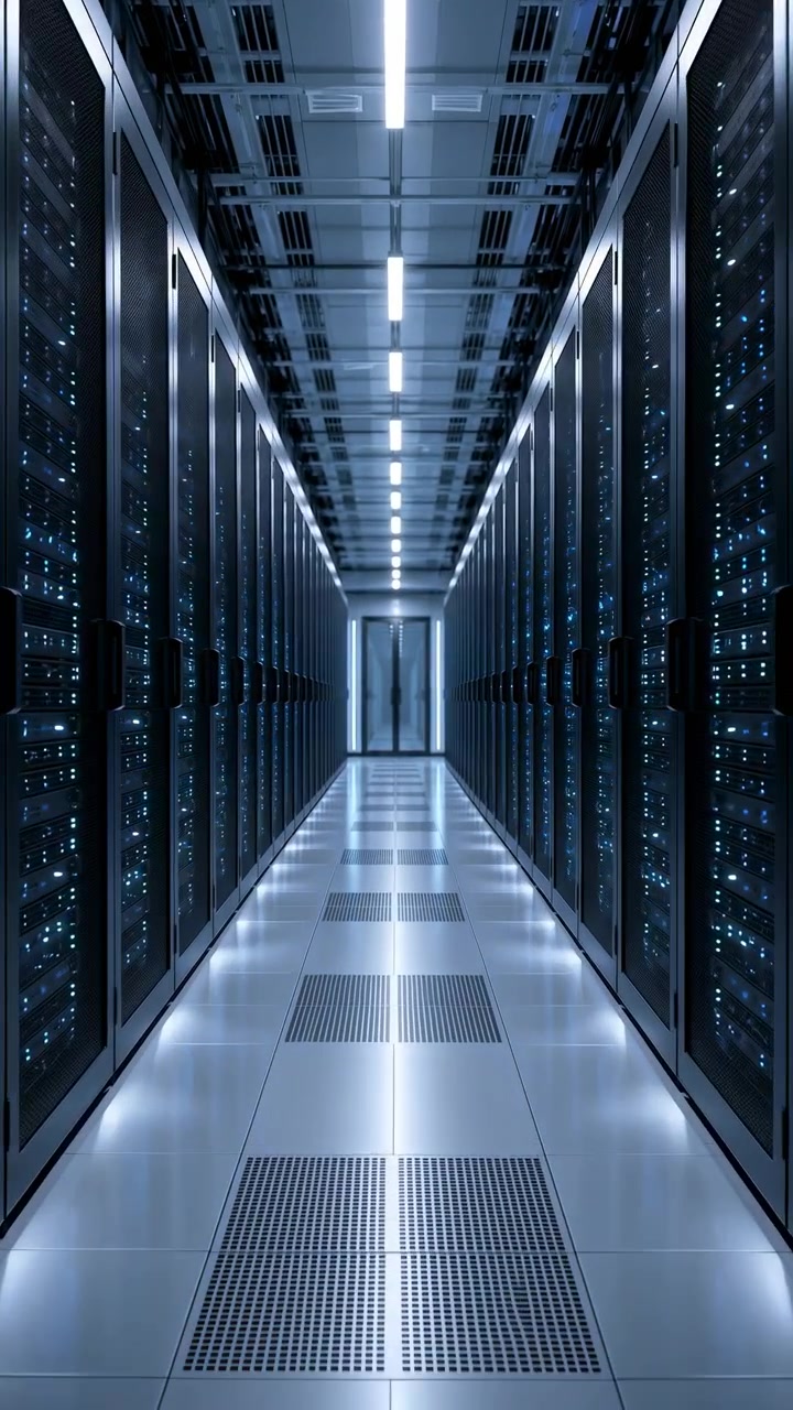 La telecamera avanza costantemente lungo il corridoio centrale tra alti rack di server, mentre luci blu fredde, riflessi lucidi sul pavimento, strisce a soffitto e pannelli di ventilazione enfatizzano profondità e simmetria.