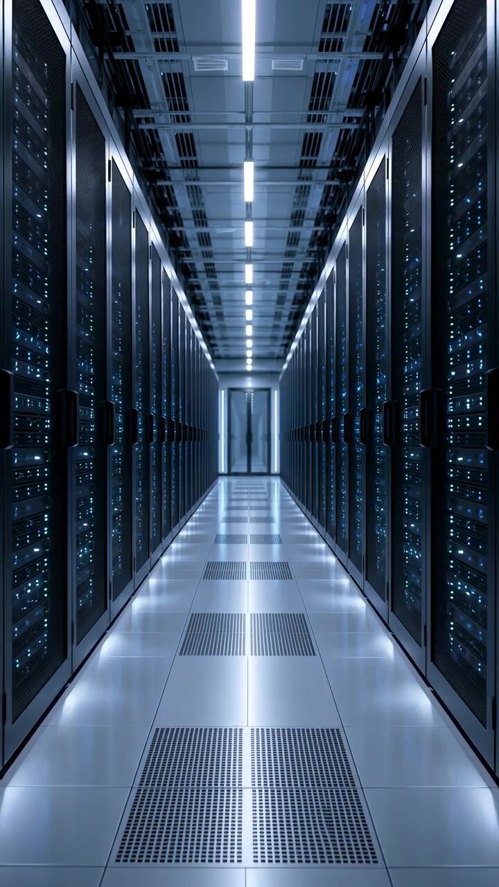 Camera advances steadily along the central corridor between tall server racks, while cool blue lights, glossy floor reflections, ceiling strips, and vent panels emphasize depth and symmetry.
